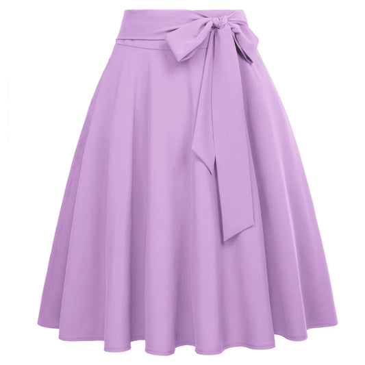 BP Women's Solid Color High Waist Skirts Self-Tie Bow-Knot Embellished A-Line Skirt Fashion Casual Belt Knee-length Skirts Lady