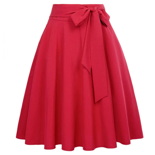BP Women's Solid Color High Waist Skirts Self-Tie Bow-Knot Embellished  A-Line Skirt Fashion Casual Belt Knee-length Skirts Lady