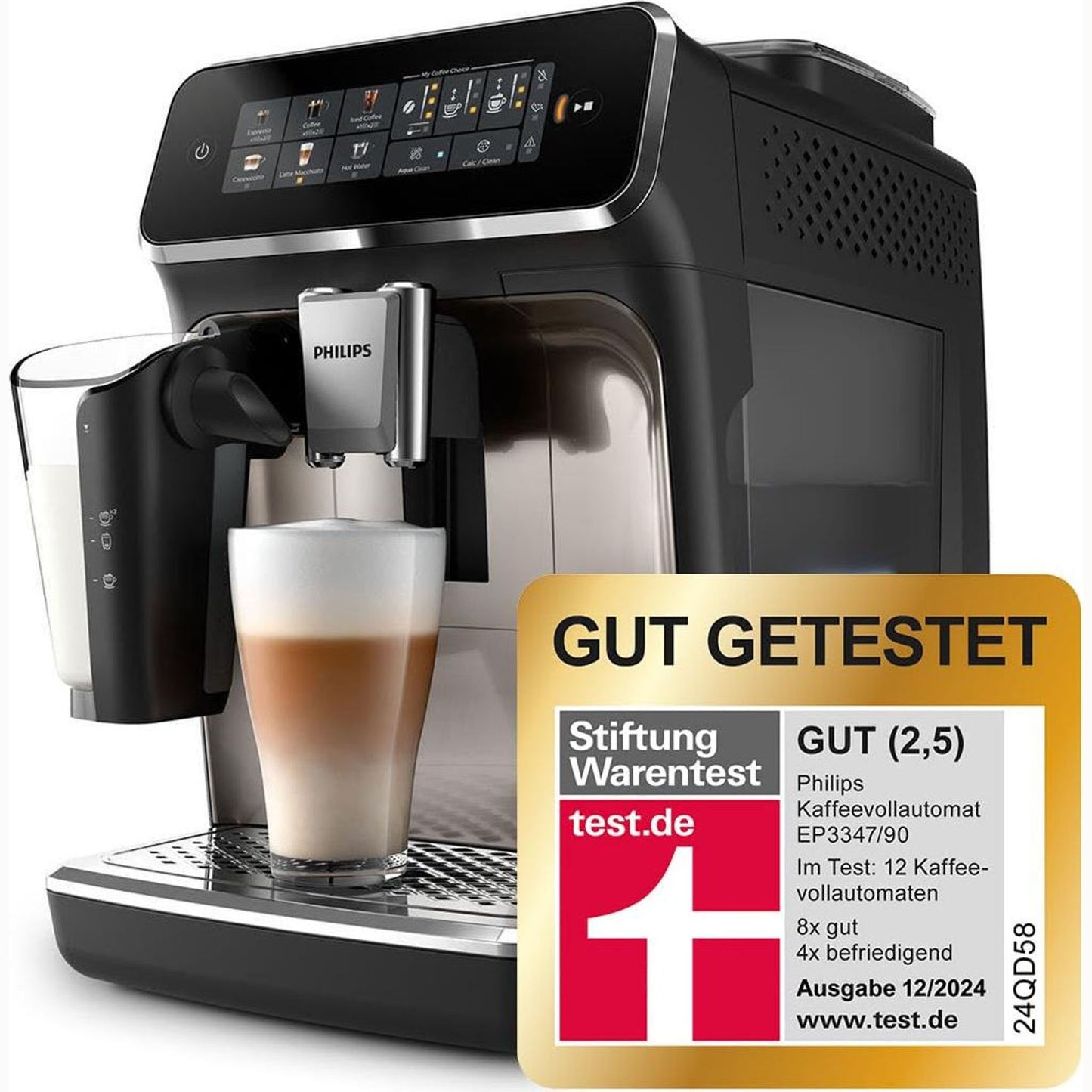 Philips Series 3300 Kaffeevollautomat EP3347/90 - 6 Getränke, Farb Touchscreen Display, LatteGo Milchsystem, SilentBrew, Keramikmahlwerk, AquaClean Filter - Schwarz/Chrom
