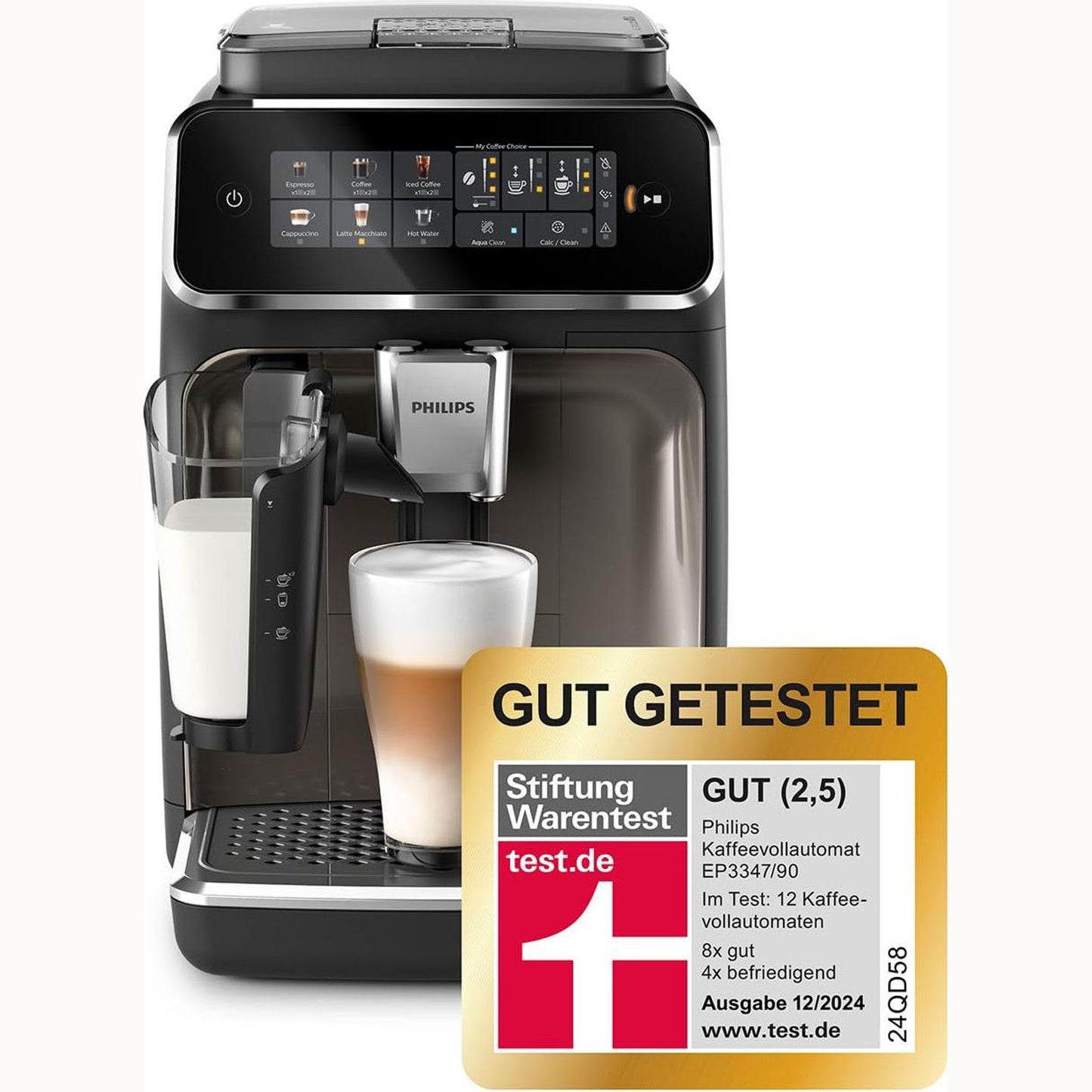 Philips Series 3300 Kaffeevollautomat EP3347/90 - 6 Getränke, Farb Touchscreen Display, LatteGo Milchsystem, SilentBrew, Keramikmahlwerk, AquaClean Filter - Schwarz/Chrom