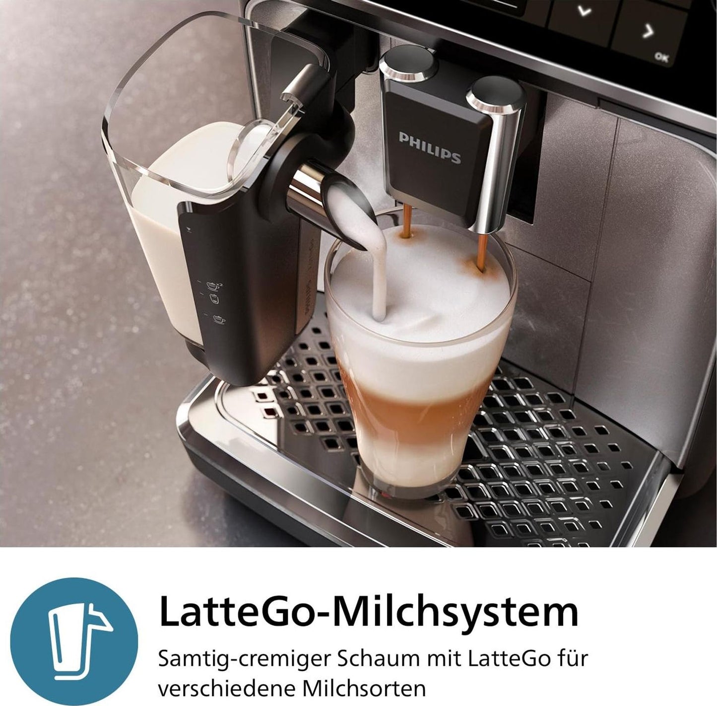 Philips Series 3300 Kaffeevollautomat EP3347/90 - 6 Getränke, Farb Touchscreen Display, LatteGo Milchsystem, SilentBrew, Keramikmahlwerk, AquaClean Filter - Schwarz/Chrom