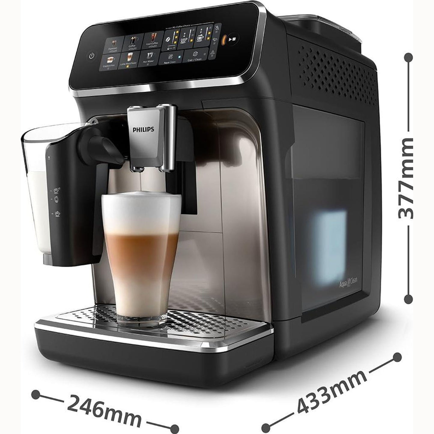 Philips Series 3300 Kaffeevollautomat EP3347/90 - 6 Getränke, Farb Touchscreen Display, LatteGo Milchsystem, SilentBrew, Keramikmahlwerk, AquaClean Filter - Schwarz/Chrom